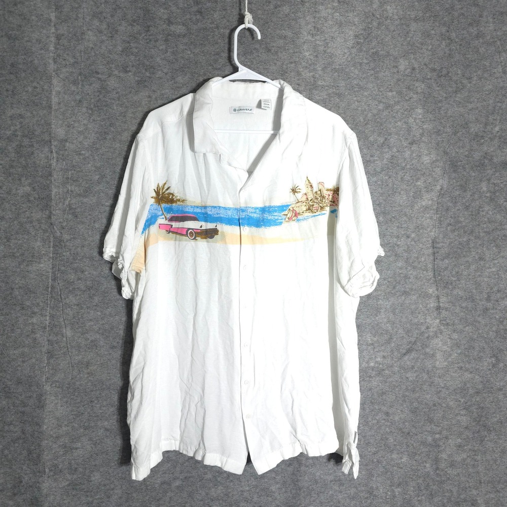 Cubavera Havana Graphic Shirt Mens‎ 2XLT White Viscose Short Sleeve Camp Collar